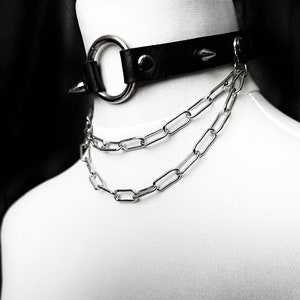 Double chains choker with spikes and o-ring | vegan leather