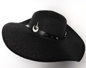 Witch wide brim hat with moon and spiked studs