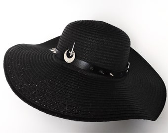 Celestial witch wide brim studded summer hat, Gothic beachwear