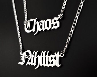 Nihilist goth calligraphy statement necklace in stainless steel