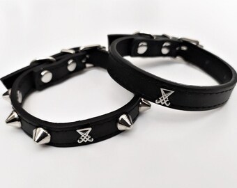 Spiked cuff with Sigil of Lucifer, vegan leather