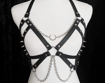 Spiked vegan leather Harness with crescent moon pendant & stainless steel chains, gothic lingerie