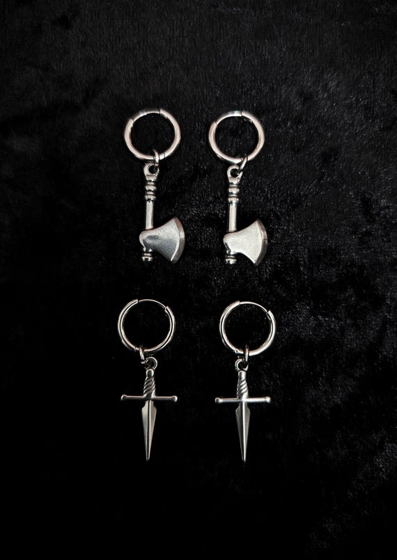Dagger earrings hoop and medieval axe in stainless steel, mix & match, stack hoops