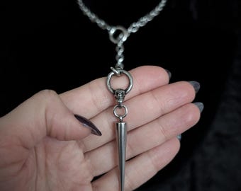 Slip chain necklace Spike & Skull in stainless steel with open clasp o-ring, Lariat gothic jewellery