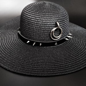 O-ring wide brim gothic hat with spikes and satanic symbol