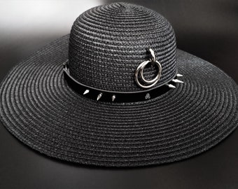 O-ring wide brim gothic hat with spikes and satanic symbol