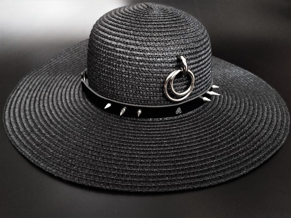 Witchy wide brim summer studded hat, gothic beachwear, festival accessory