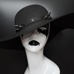 Wide brim witchy hat with large spiked studs and satanic symbol, gothic hair accessories