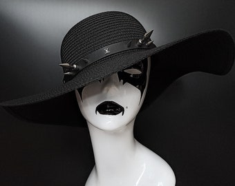 Wide brim witchy hat with large spiked studs and satanic symbol, gothic hair accessories