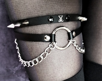 Leg garter with Sigil of Lucifer, spiked studs and chains | vegan leather