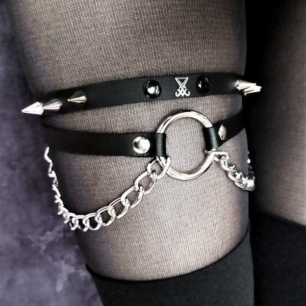 Leg garter with Sigil of Lucifer, spiked studs and chains | vegan leather