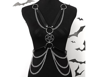 Harness pentagram with multiple chains, gothic lingerie, plus size available