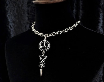 Satanic royalty chunky chain necklace in stainless steel, Lilith & Lucifer symbols