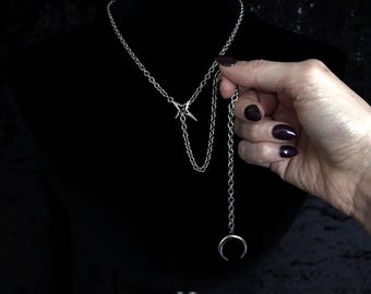 Celestial Lariat slip chain necklace crescent moon & cross star in stainless steel, gothic jewelry
