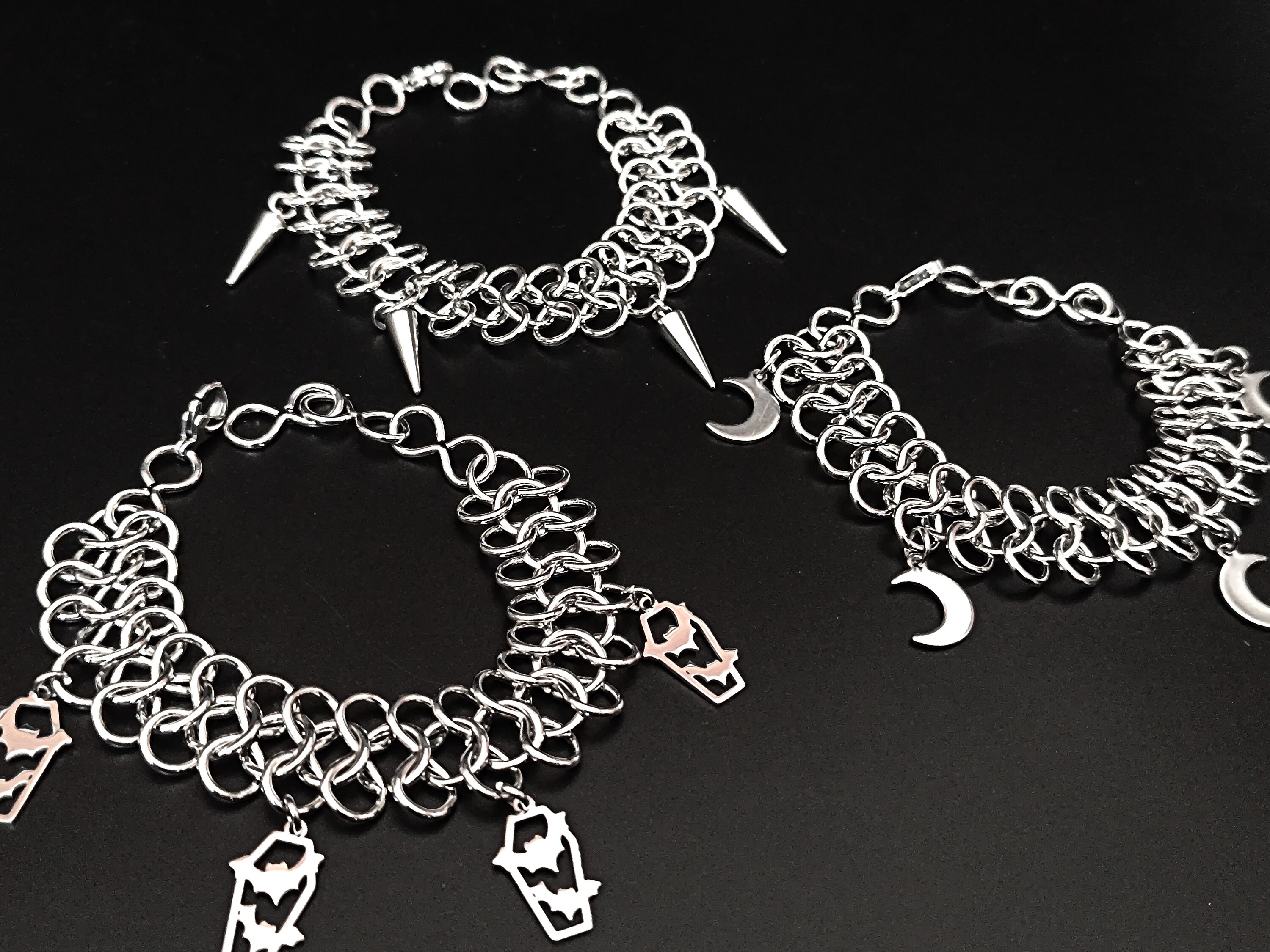 Chainmail Bracelet in Stainless Steel With Spiked Cones, Coffins&bats ...