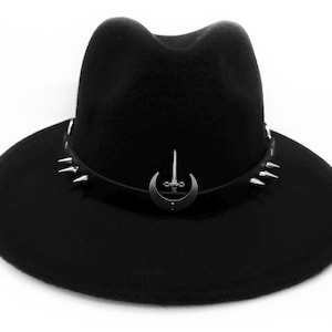 Fedora gothic hat with spiked studs and medieval moon