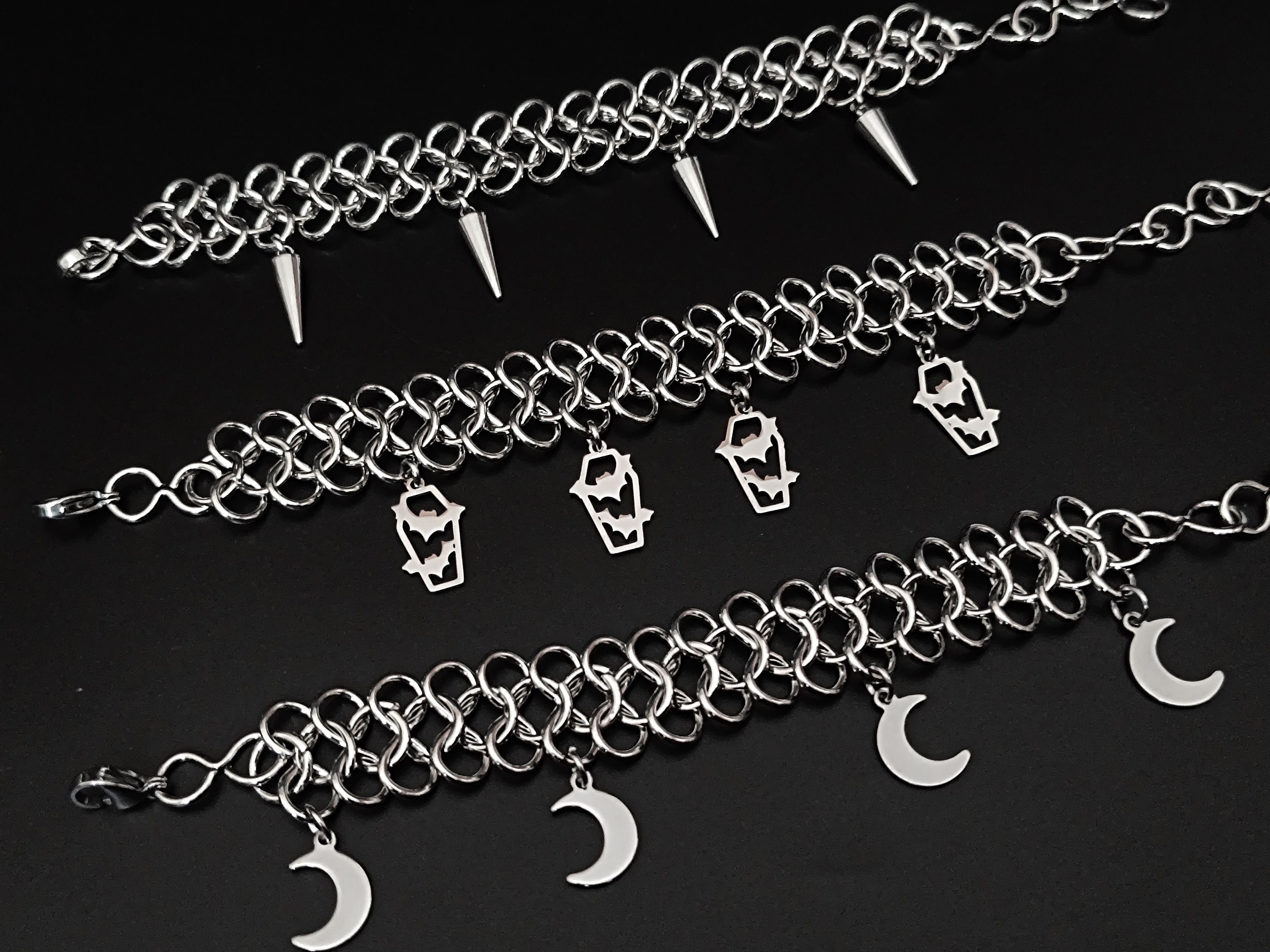 Chainmail Bracelet in Stainless Steel With Spiked Cones, Coffins&bats ...