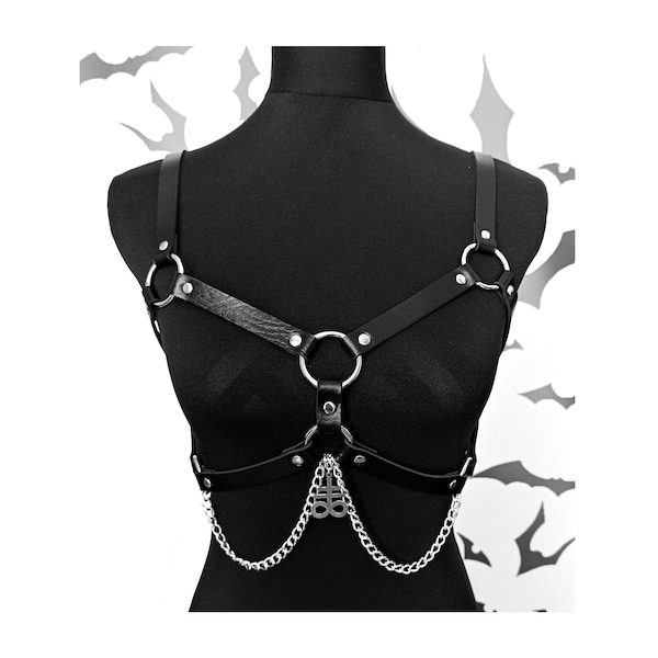 Harness chains and satanic symbol, gothic lingerie, plus size available