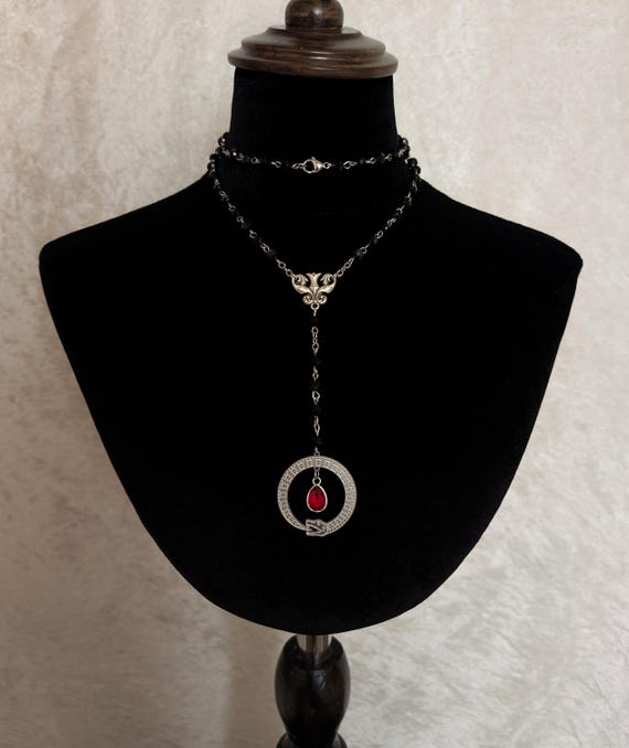 Ouroboros snake Victorian Gothic rosary necklace with red crystal drop