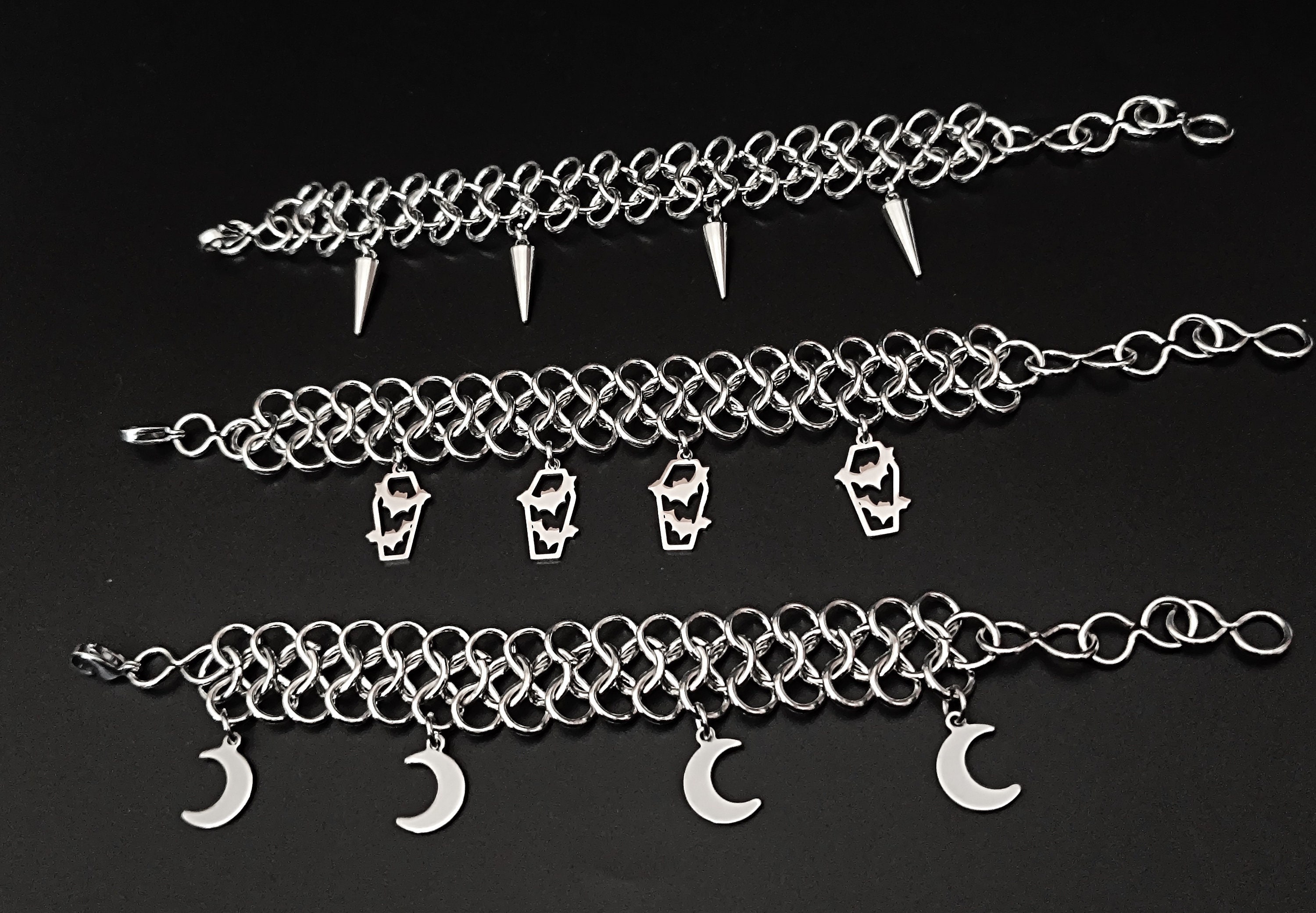 Chainmail Bracelet in Stainless Steel With Spiked Cones, Coffins&bats ...