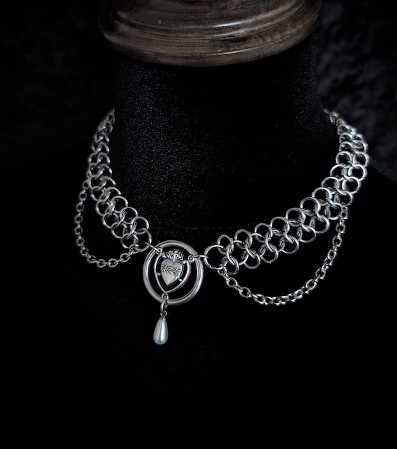 Sacred Heart chainmail necklace – layered stainless steel chains & white pearl drop, Gothic vampire jewellery