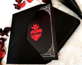 Victorian gothic postcard with sacred heart for Valentine's day, black envelope included