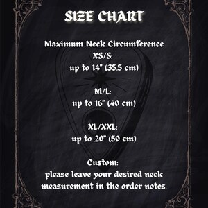 May include: Size chart on a dark background with a decorative border. The chart lists maximum neck circumference measurements: XS/S up to 14 inches (35.5 cm), M/L up to 16 inches (40 cm), and XL/XXL up to 20 inches (50 cm). Custom sizes are available.