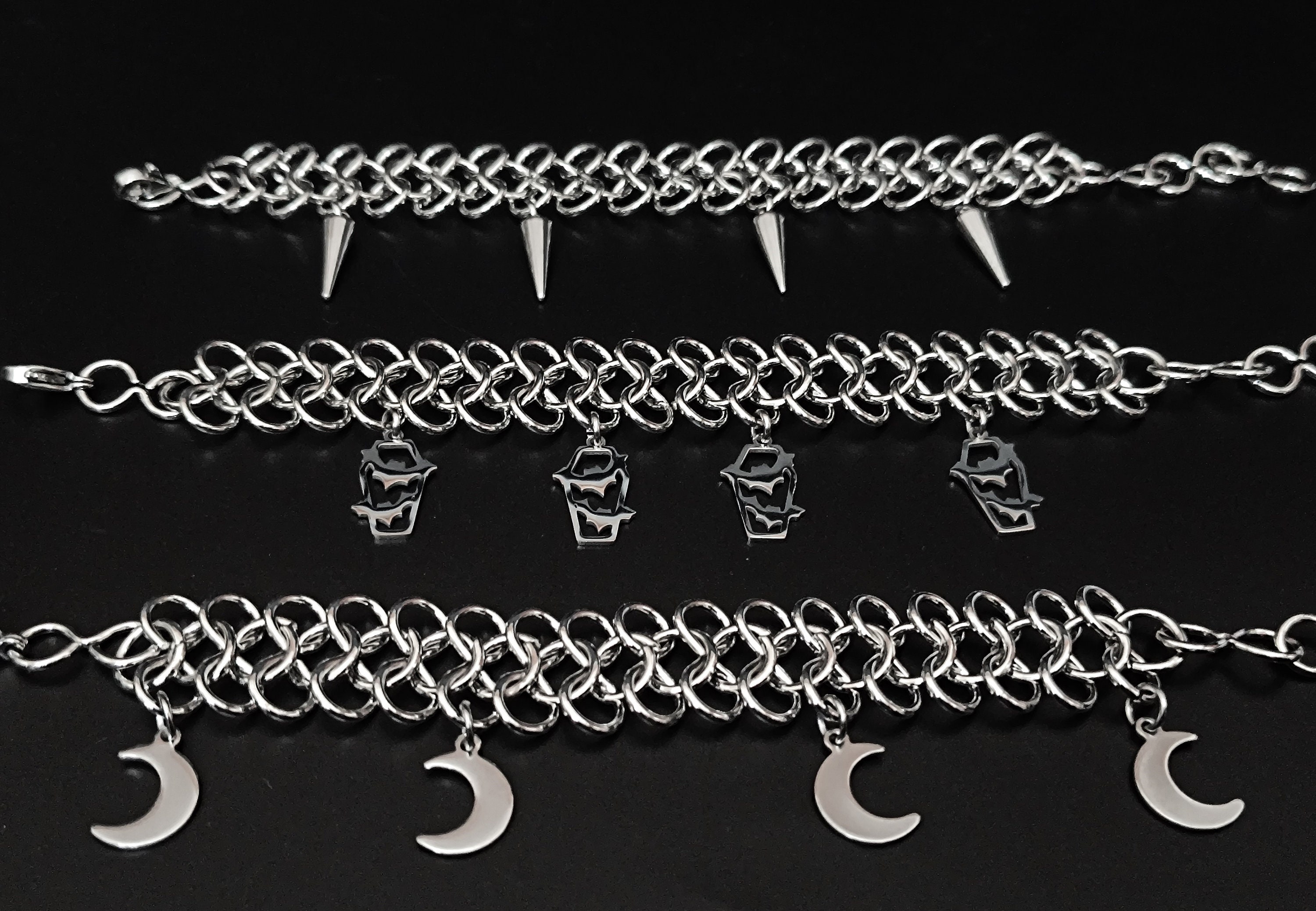Chainmail Bracelet in Stainless Steel With Spiked Cones, Coffins&bats ...