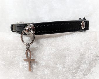 Egyptian Ankh Cat Collar, Breakaway leather Cat Collar, Bastet pet costume, Goth Cat Choker, Eye of Horus pendant