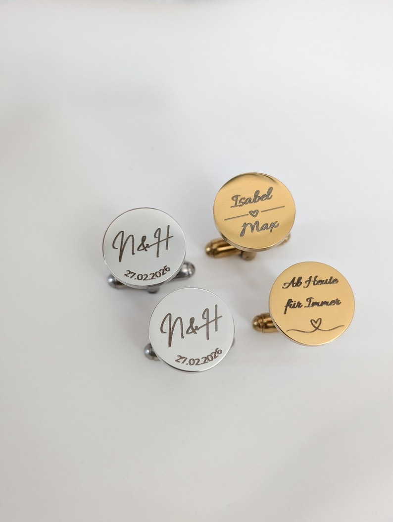 Personalisierte Manschettenknöpfe für den Ehemann zur Hochzeit in gold und silber mit Wunschgravur