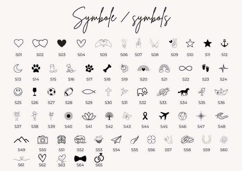 Symbole für Gravur einer personalisierten Krawattennadel zur Hochzeit