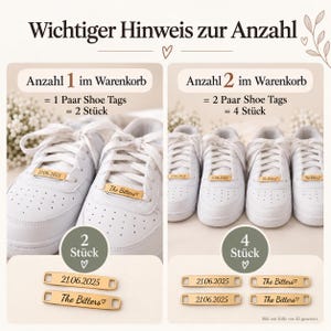 Infografik, die erklärt, dass 1 Paar Shoe Tags aus zwei Tags besteht und man bei Stückzahl 2 im Warenkorb entsprechend 4 Tags erhält