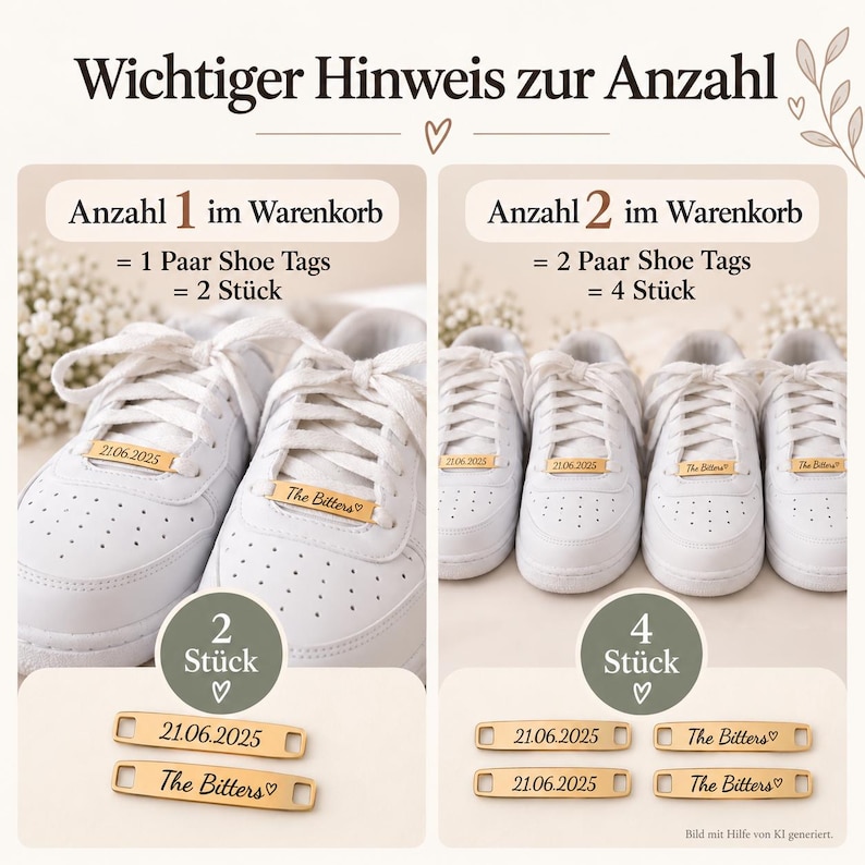 Infografik, die erklärt, dass 1 Paar Shoe Tags aus zwei Tags besteht und man bei Stückzahl 2 im Warenkorb entsprechend 4 Tags erhält
