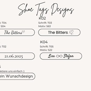 Übersicht der personalisierbaren Shoe Tags für Hochzeitssneaker mit verschiedenen Schriftarten, Textbeispielen und Gravuroptionen