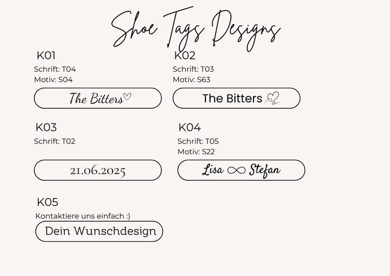 Übersicht der personalisierbaren Shoe Tags für Hochzeitssneaker mit verschiedenen Schriftarten, Textbeispielen und Gravuroptionen