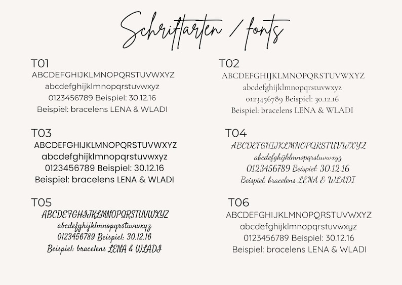Auswahl an Schriftarten für personalisierte Schuh Tags zur Hochzeit – Accessoires für Hochzeitsfotos
