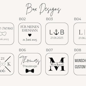 Design Auswahl für eine personalisierte Manschettenknöpfe Box - Morgengabe für den Ehemann oder Hochzeitsgeschenk für den Papa