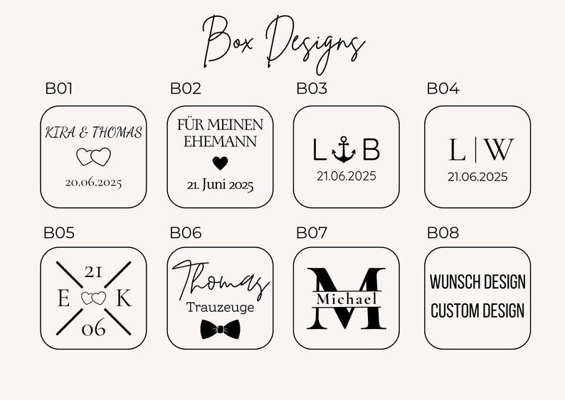Design Auswahl für eine personalisierte Manschettenknöpfe Box - Morgengabe für den Ehemann oder Hochzeitsgeschenk für den Papa