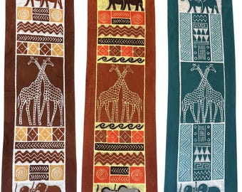 African Shona Batik Wall Hanging | Sadza Print Table Runner, Giraffe - Bark Cloth