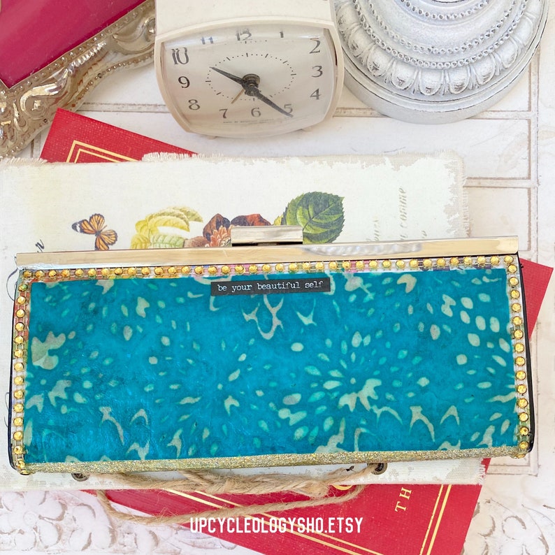 Artfully Upcycled vintage mid century modern wallet with Hello Beautiful embellishment