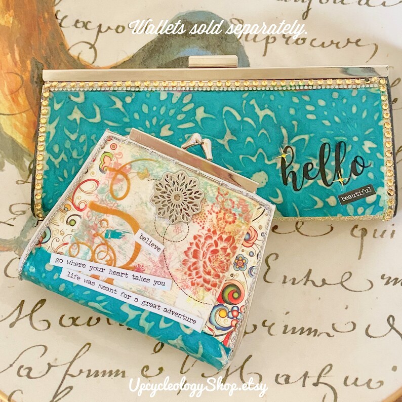 Artfully Upcycled vintage mid century modern wallet with Hello Beautiful embellishment