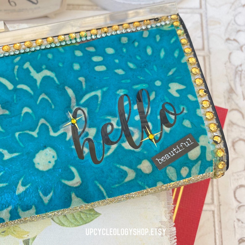 Artfully Upcycled vintage mid century modern wallet with Hello Beautiful embellishment