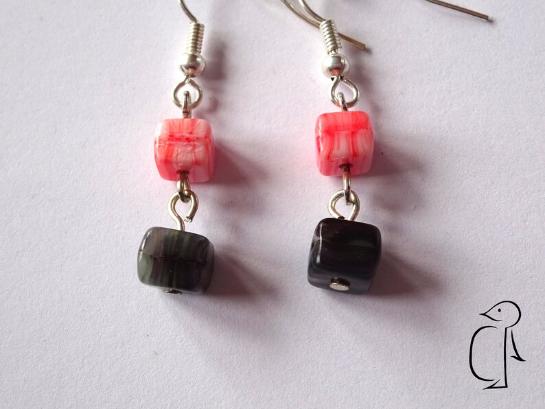 Marbled pink and black pressed cube beads czech glass earrings