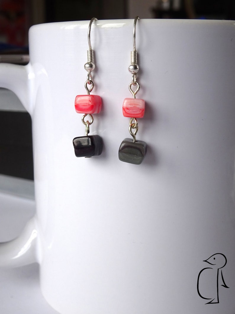 Marbled pink and black pressed cube beads czech glass earrings