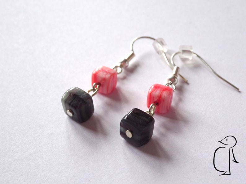 Marbled pink and black pressed cube beads czech glass earrings