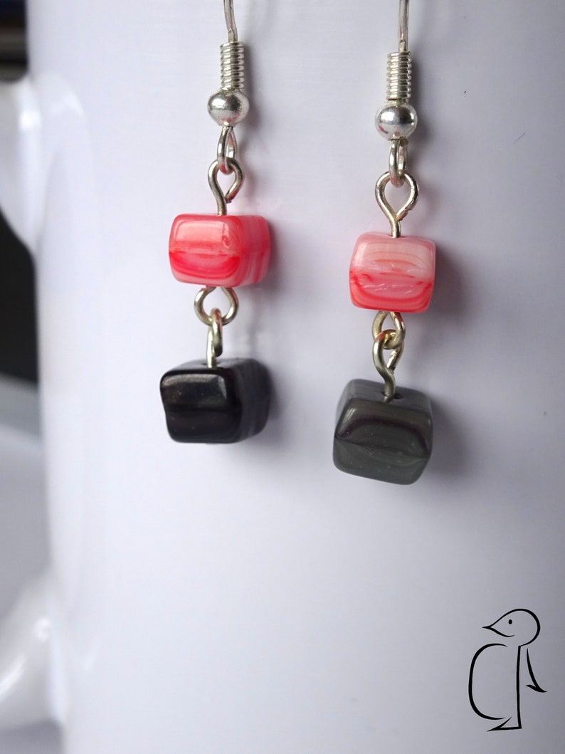 Marbled pink and black pressed cube beads czech glass earrings