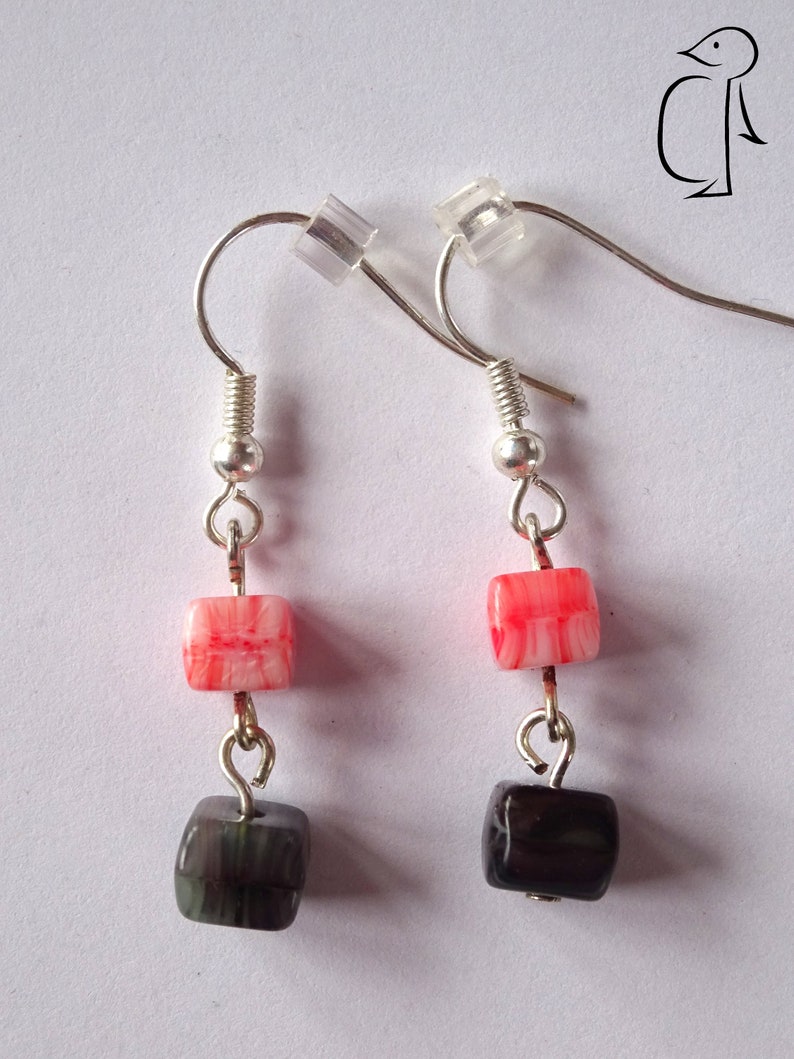 Marbled pink and black pressed cube beads czech glass earrings