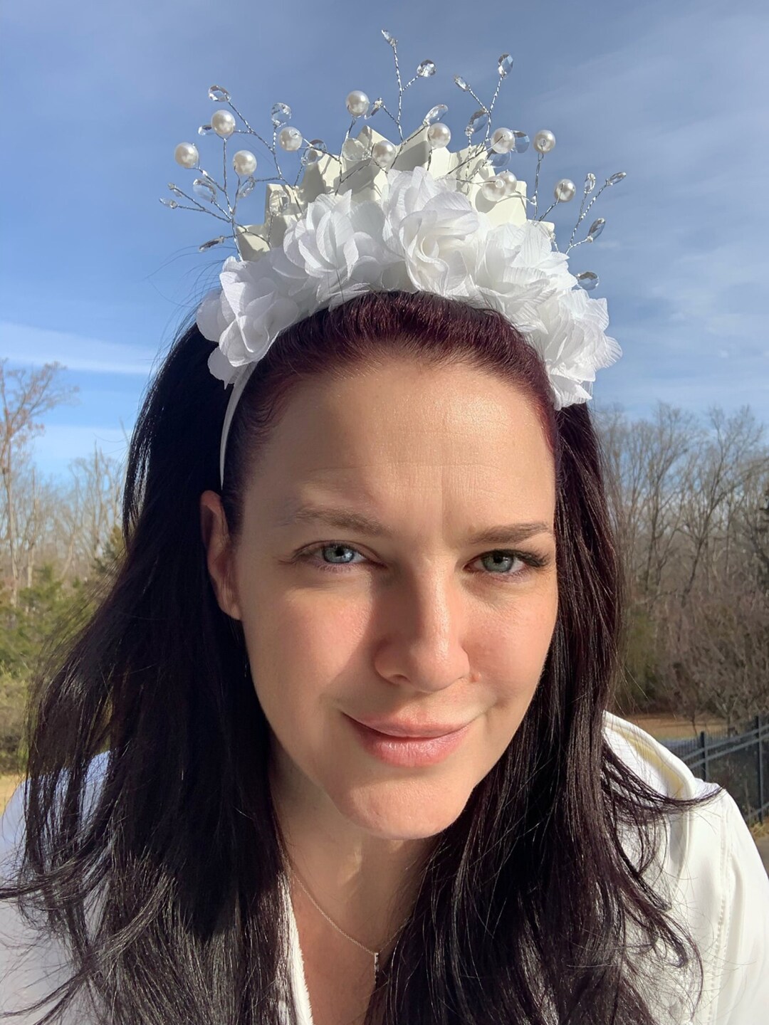 White Rose Crown With Pearl and Jewel Accents, Headband, Floral Jeweled Crown, One Size Ready to