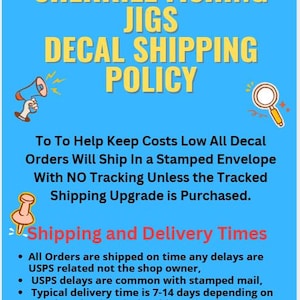 May include: A blue background with yellow text that reads "SHERRILL FISHING JIGS DECAL SHIPPING POLICY." The text also includes information about shipping and delivery times for decal orders, including USPS delays and tracking options.