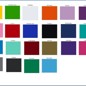 May include: A color chart with 20 different color swatches. The swatches are arranged in four rows of five. Each swatch is labeled with a number and a color name. The colors include yellow, green, white, orange, lilac, violet, soft pink, red, brilliant blue, black, dark blue, turquoise, sky blue, mint, burgundy, gold, purple, pink, silver grey, and ice blue.